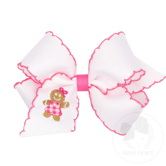 Grosgrain Hair Bow with Moonstitch Edge and Pink Christmas Embroidery - GINGERBREAD