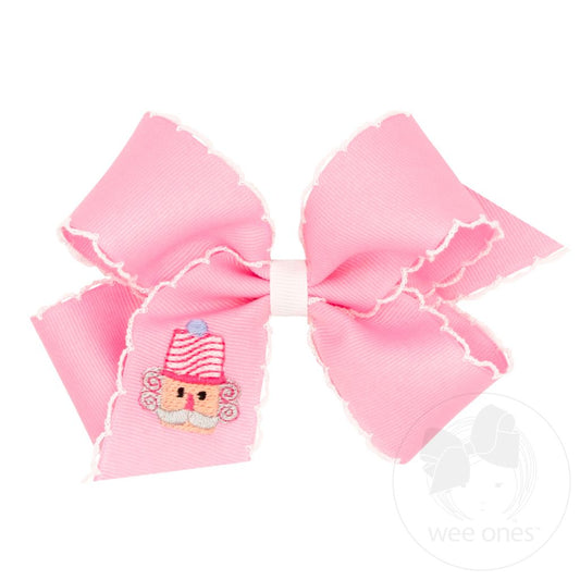 Grosgrain Hair Bow with Moonstitch Edge and Pink Christmas Embroidery - NUTCRACKER