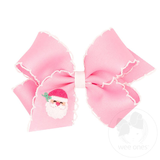 Grosgrain Hair Bow with Moonstitch Edge and Pink Christmas Embroidery - PINK SANTA