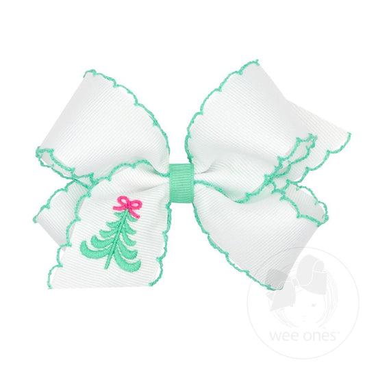 Grosgrain Hair Bow with Moonstitch Edge and Pink Christmas Embroidery - TREE