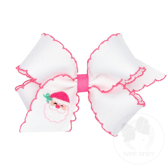 Grosgrain Hair Bow with Moonstitch Edge and Pink Christmas Embroidery - WHITE SANTA
