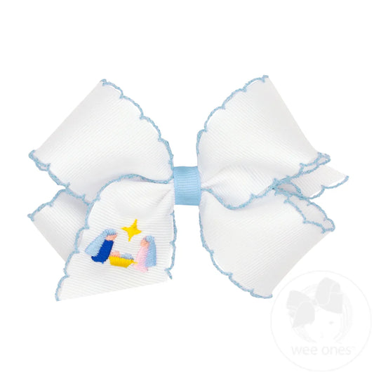 Grosgrain Hair Bow with Moonstitched Edge and Nativity Embroidery