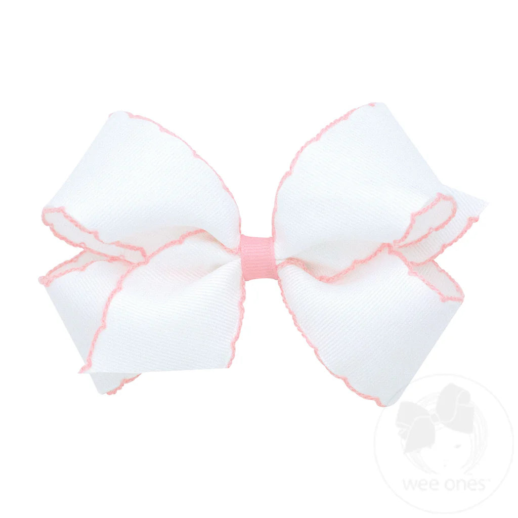 Moonstitch Grosgrain Hair Bow with Contrasting Wrap- WHT W/ LPK