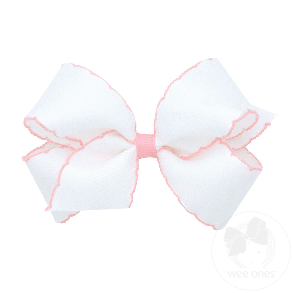 Moonstitch Grosgrain Hair Bow with Contrasting Wrap - White w/ Light Pink