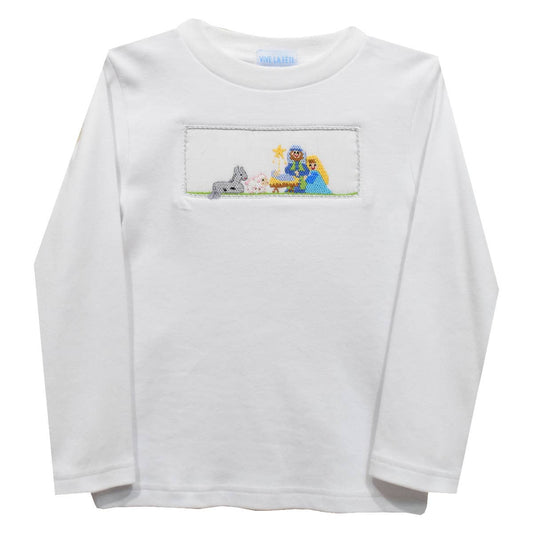 Nativity Smocked White Knit Long Sleeve Boys T-Shirt