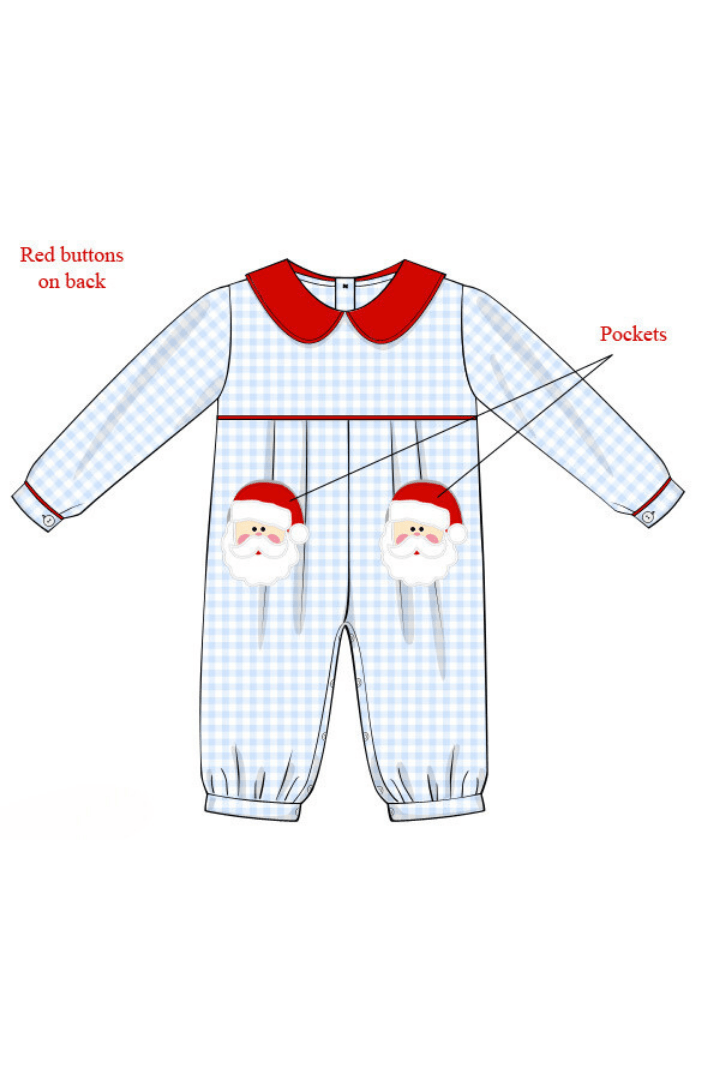 Blue Gingham Knit Santa Romper