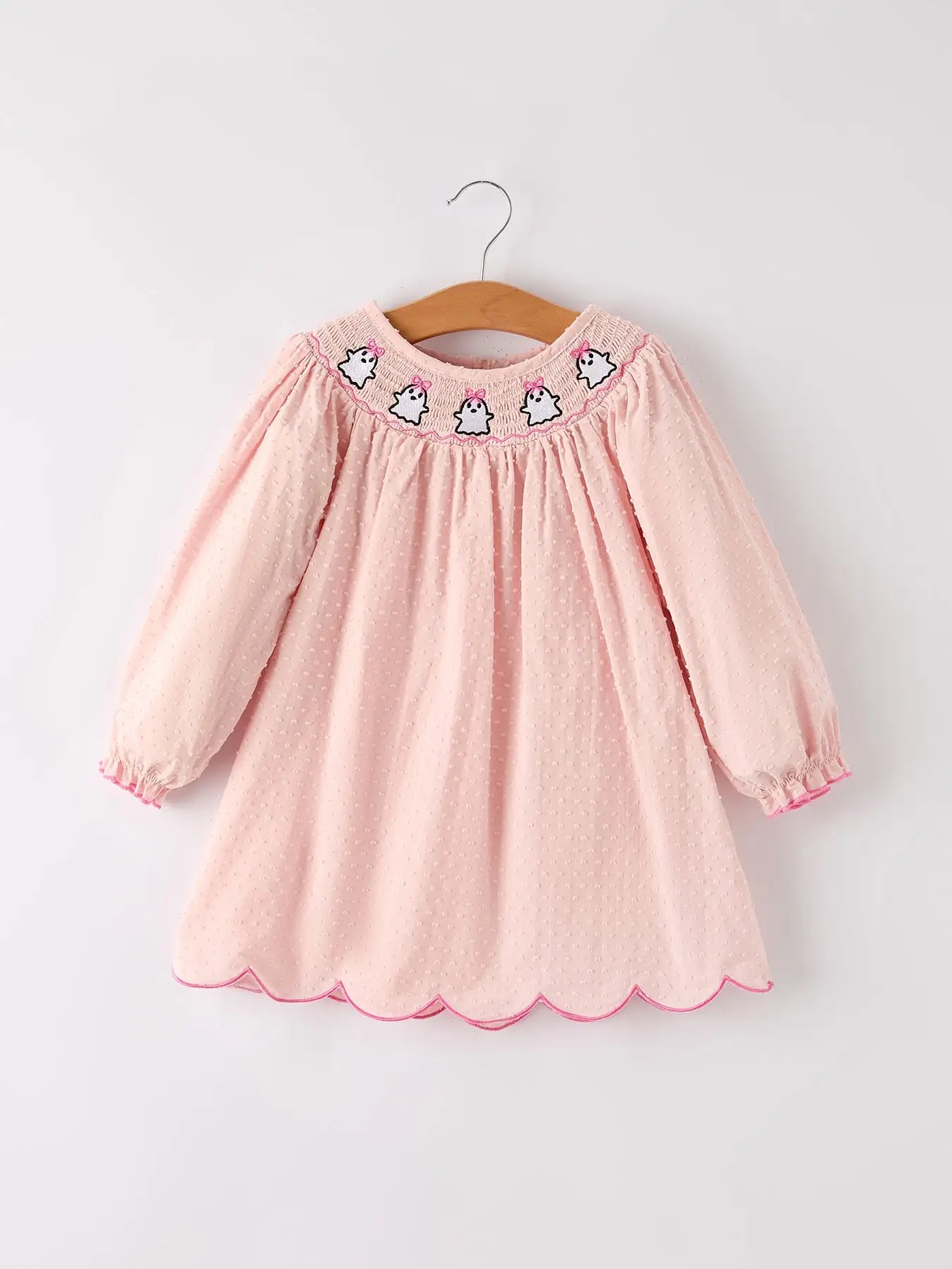 Autumn Halloween Light Pink Ghost Embroidery Smock Girl Dres