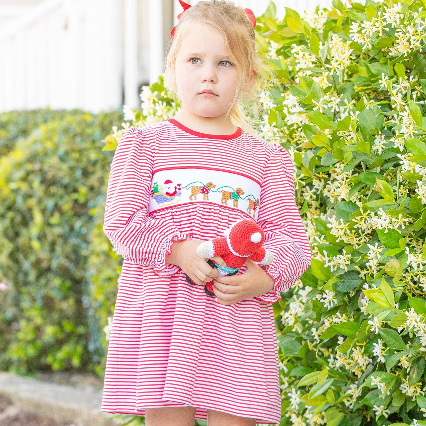 Girls Smocked Dress - Santa Dogs