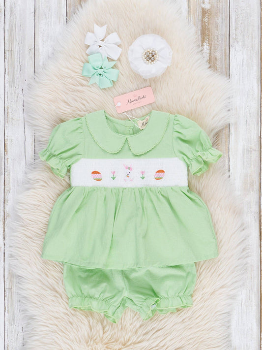 Soft Green Smocked Easter Bloomers Outfit