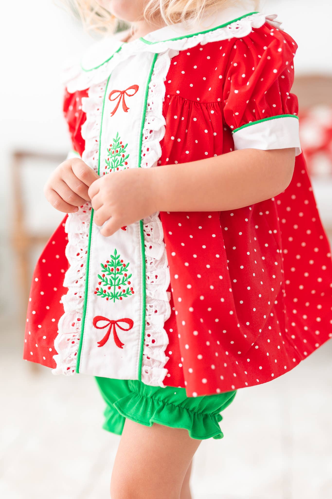 Deck the Halls Red Polka Dot A-Line Dress and Bloomer Set with Christmas Tree Embroidery