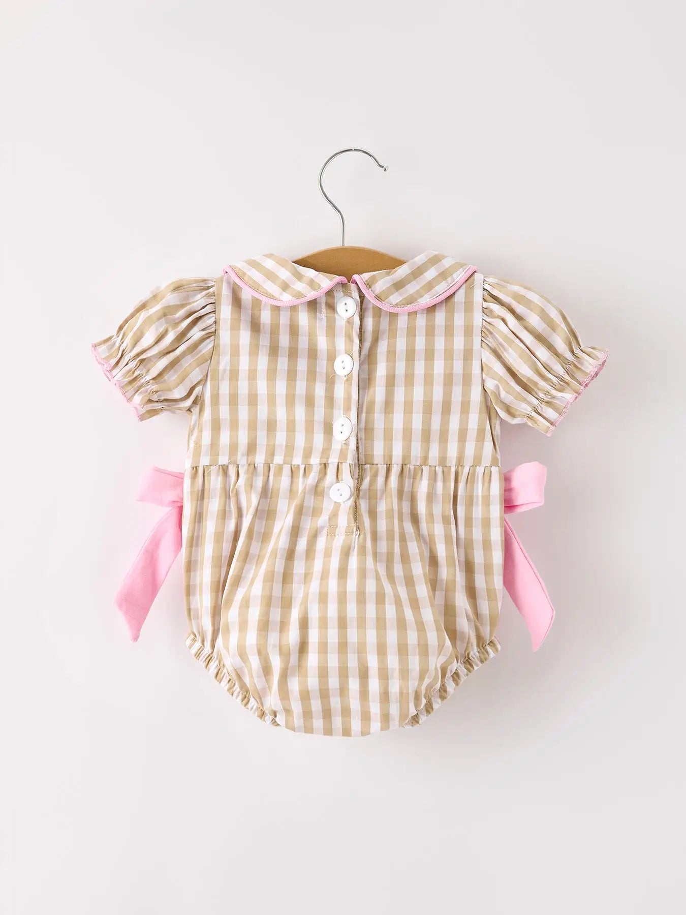 Fall Thanksgiving Lapel Plaid Chick Embroidery Smocking Bow Baby Girls Romper