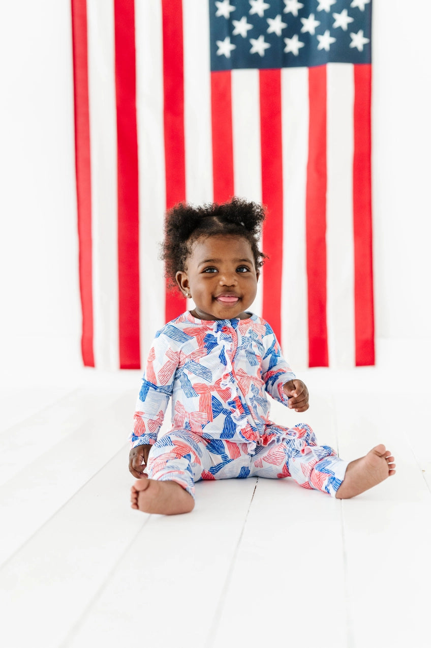 Red White and Blue Bow Ruffle Convertible Foot Onesie