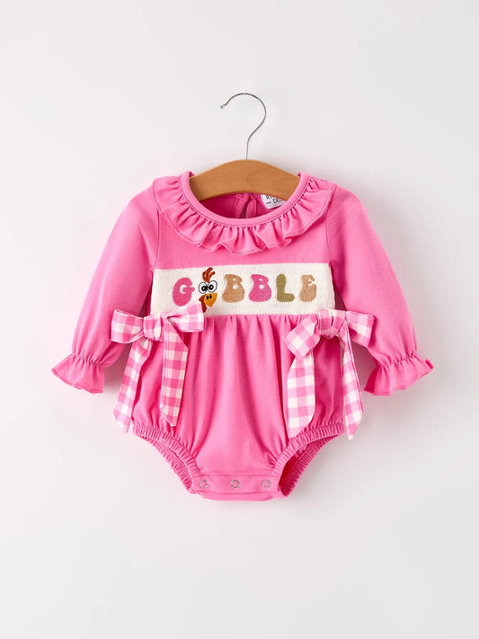 Fall Thanksgiving& Halloween "Gobble" Smock Embroidery Baby Girl Romper