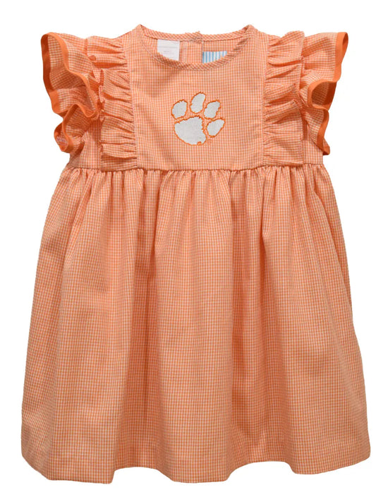 Clemson Tigers Embroidered Orange Gingham Ruffle Dress
