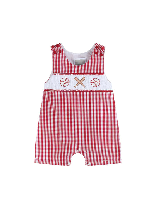 Red Gingham Baseball Smocked Shortalls