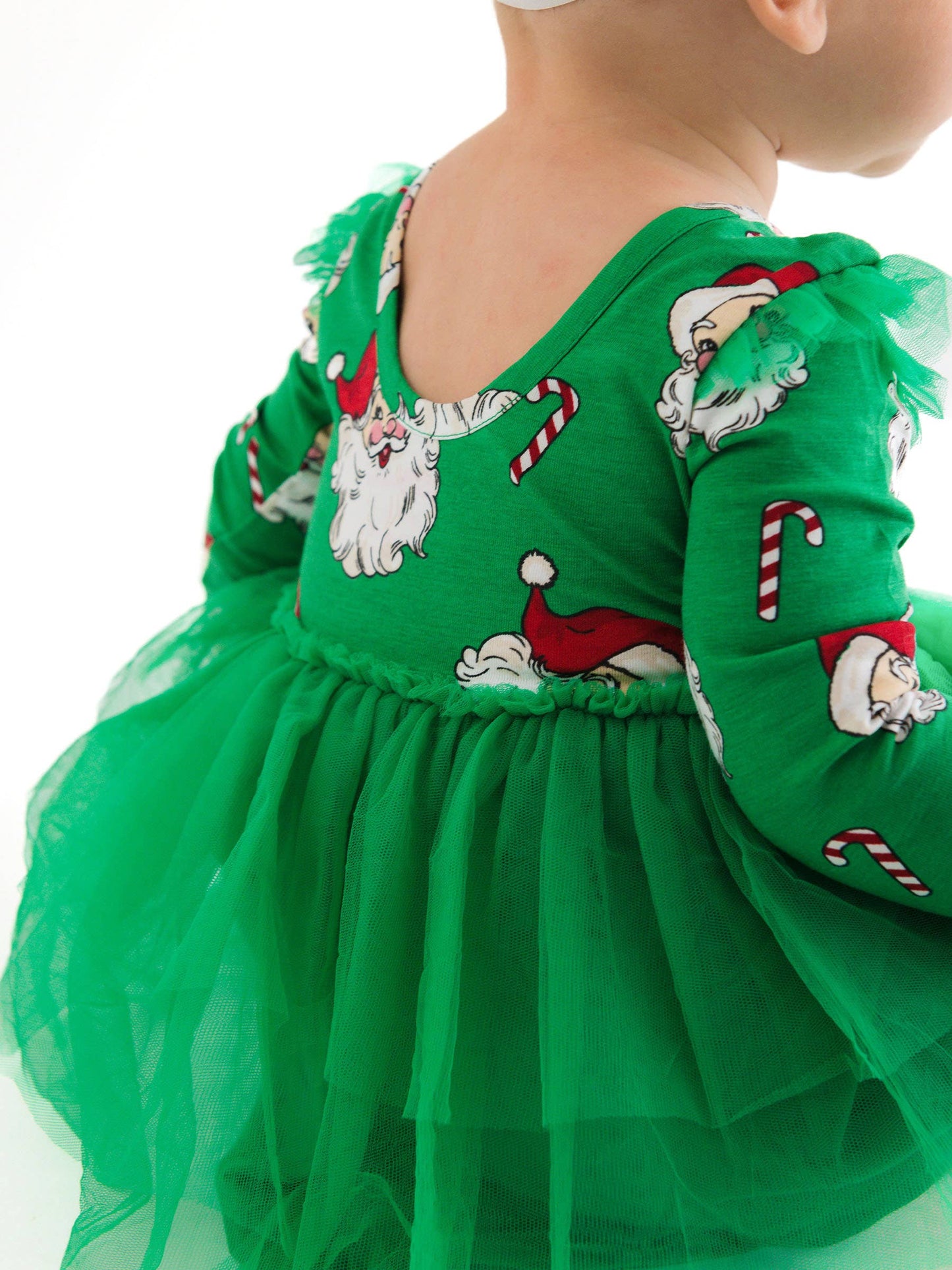 Baby Girls Green Santa Joy Flutter Tulle Long Sleeve Twirl Romper