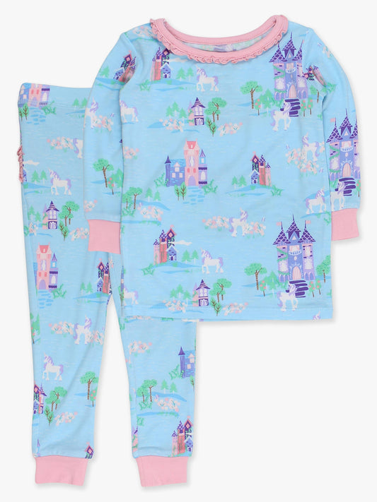 SoftSnooze™ Toddler Girls Bamboo Viscose Once Upon a Castle Ruffle Long Sleeve Pajama Set with Signature Rear Ruffles