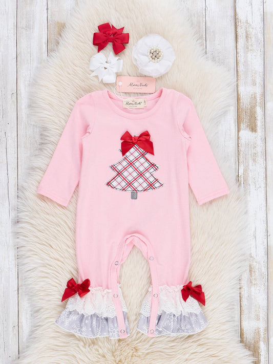 Pink Embroidered Plaid Christmas Tree Lace Trim Romper