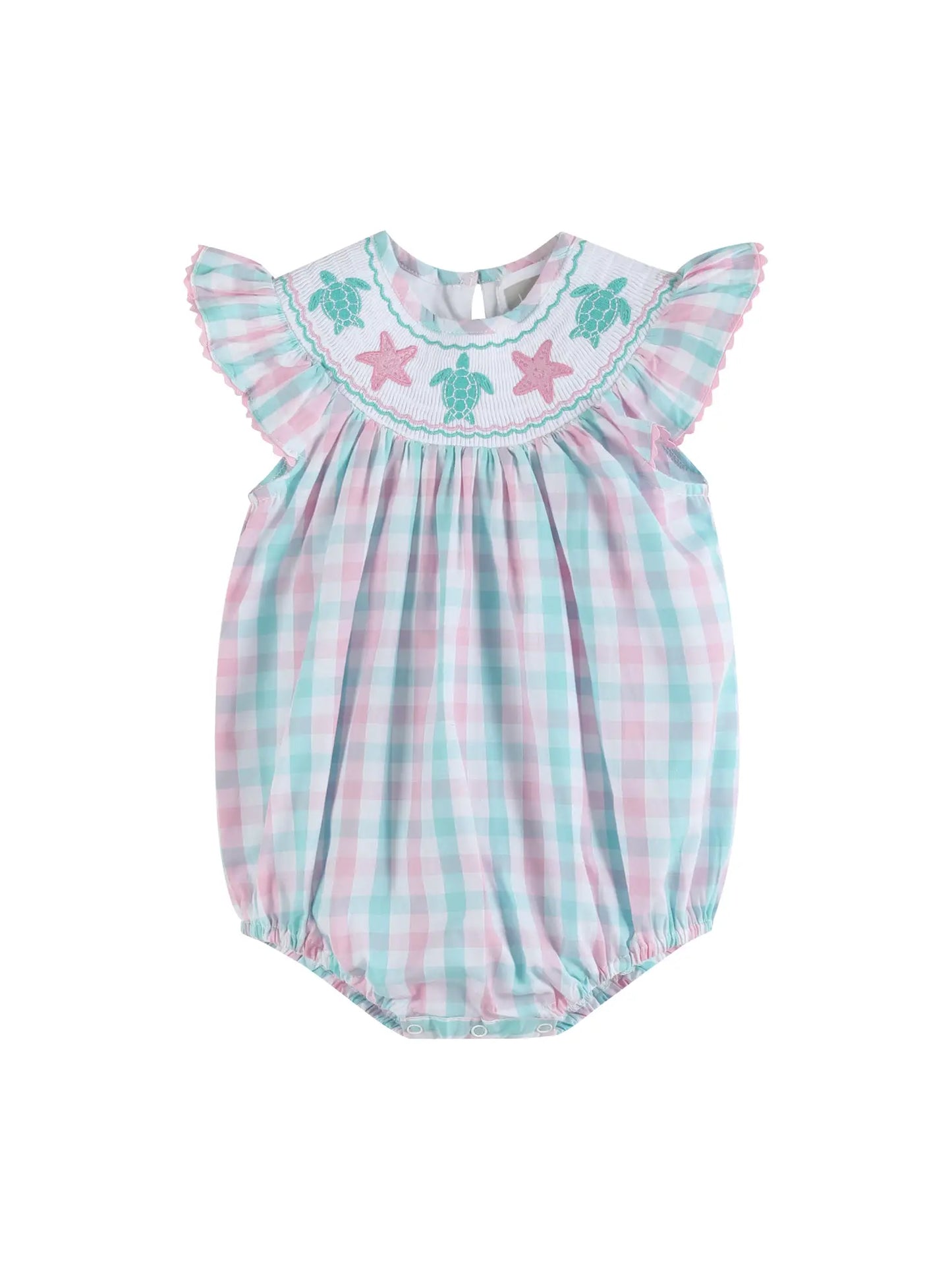 Pink and Turquoise Gingham Turtle Smocked Ruffle Romper