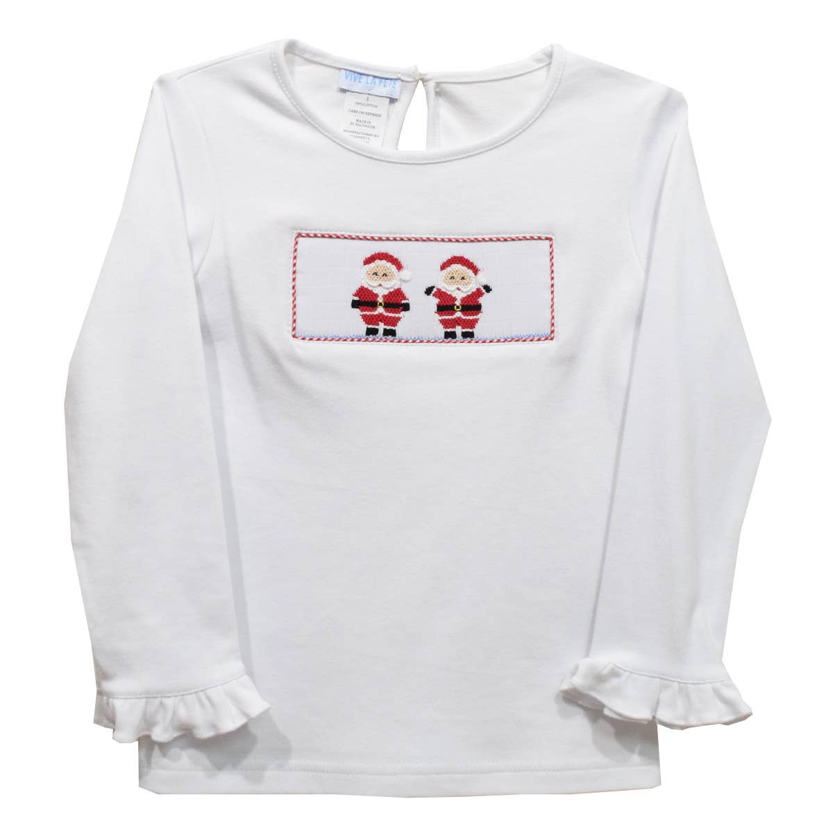 Santa Smocked White Knit Ruffle Long Sleeve Girls T-Shirt