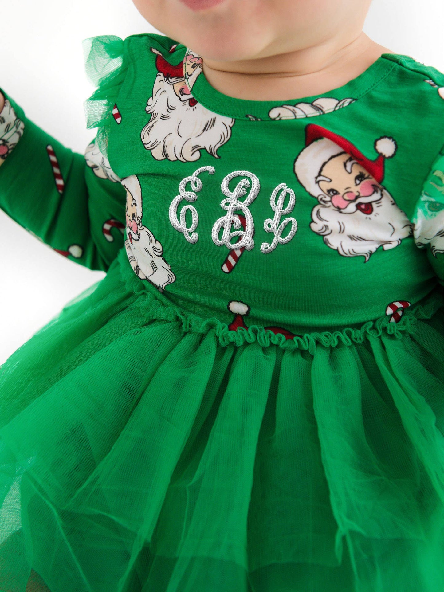 Baby Girls Green Santa Joy Flutter Tulle Long Sleeve Twirl Romper
