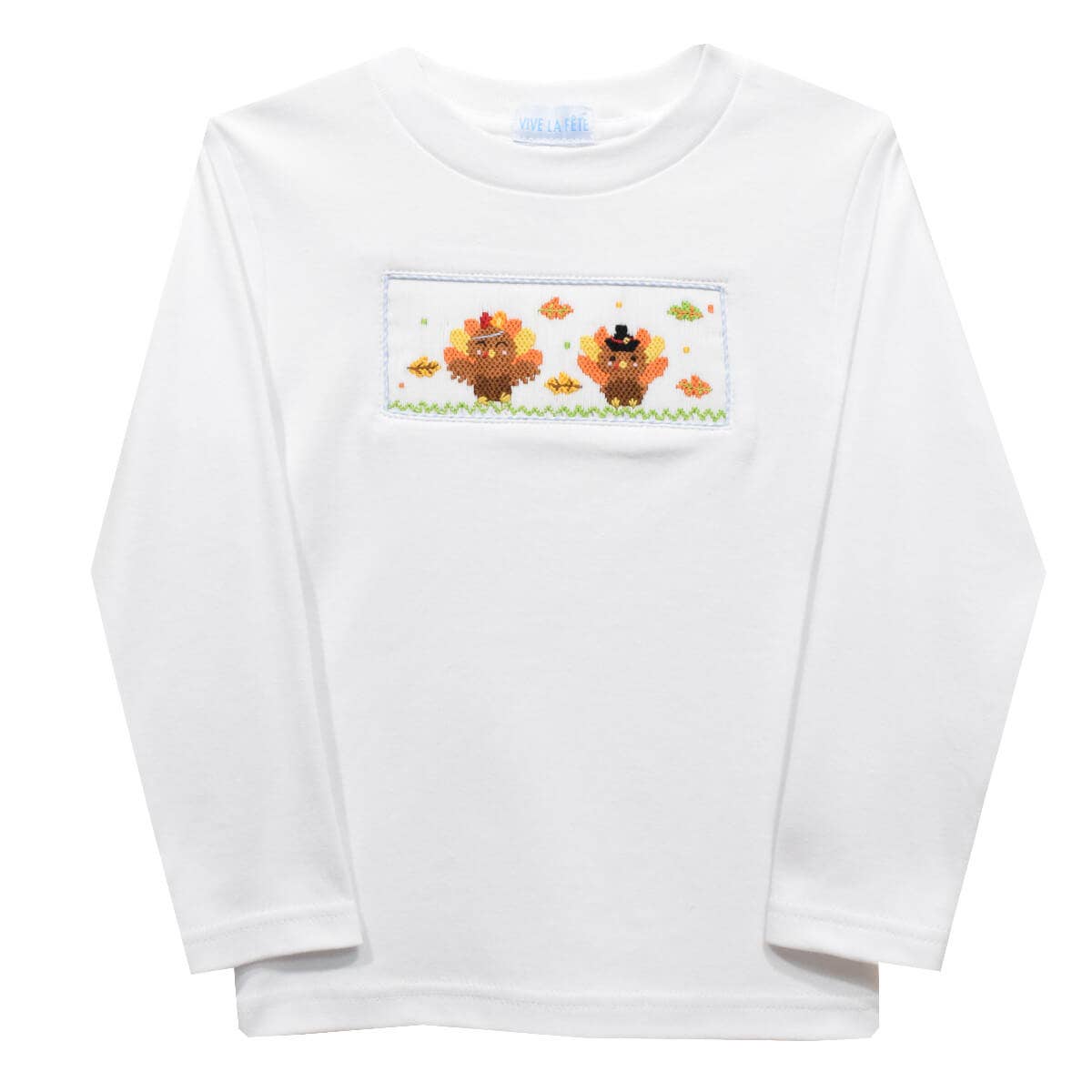 Thanksgiving Turkey Smocked White Long Sleeve Boys T-Shirt