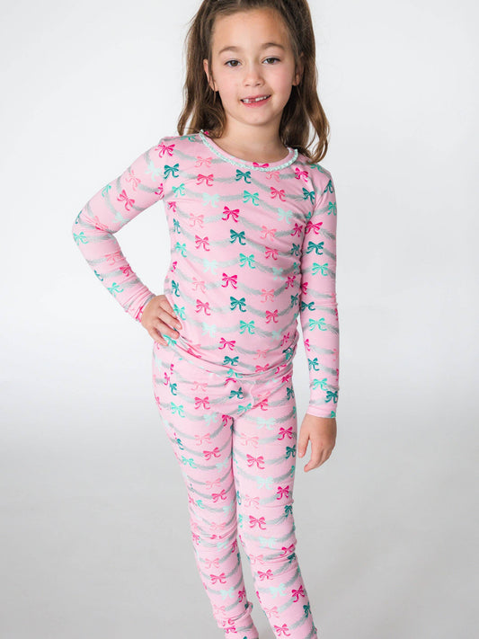 SoftSnooze™ Girls Cotton Modal Sparkle Pink Tinsel Tidings Ruffle Long Sleeve Pajama Set