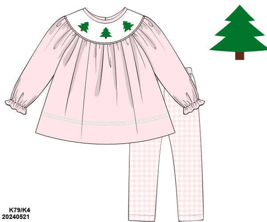 Christmas Tree Smock Pink Girls Set