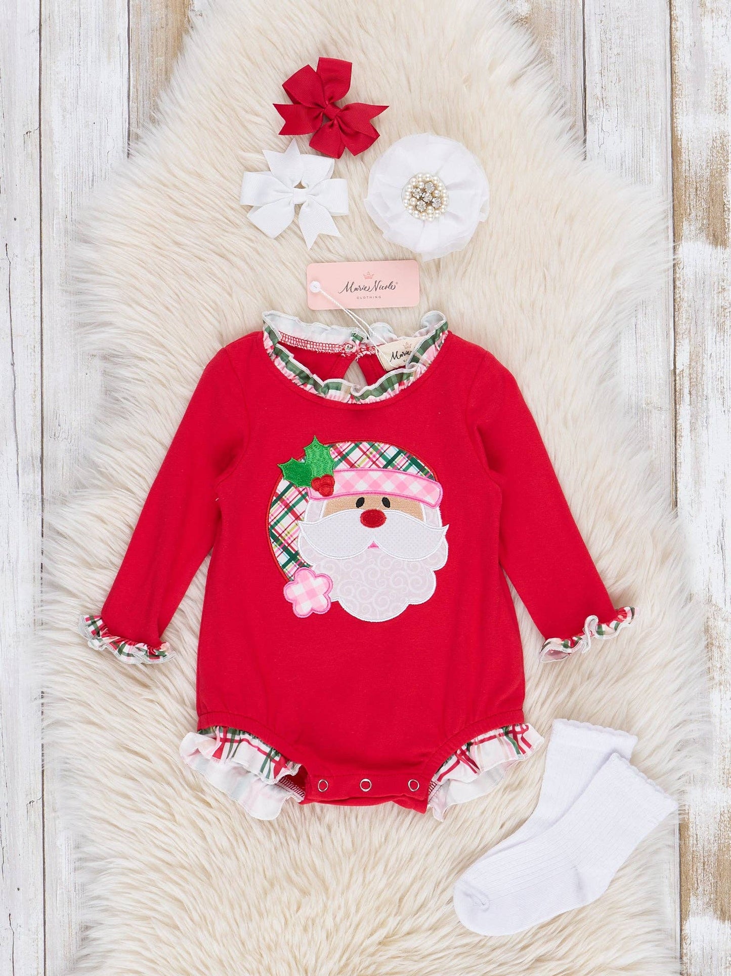 Red Plaid Embroidered Santa Ruffle Bubble