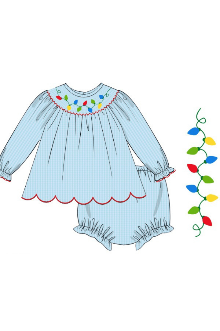 Smocked Christmas Lights Bishop Bloomer Set