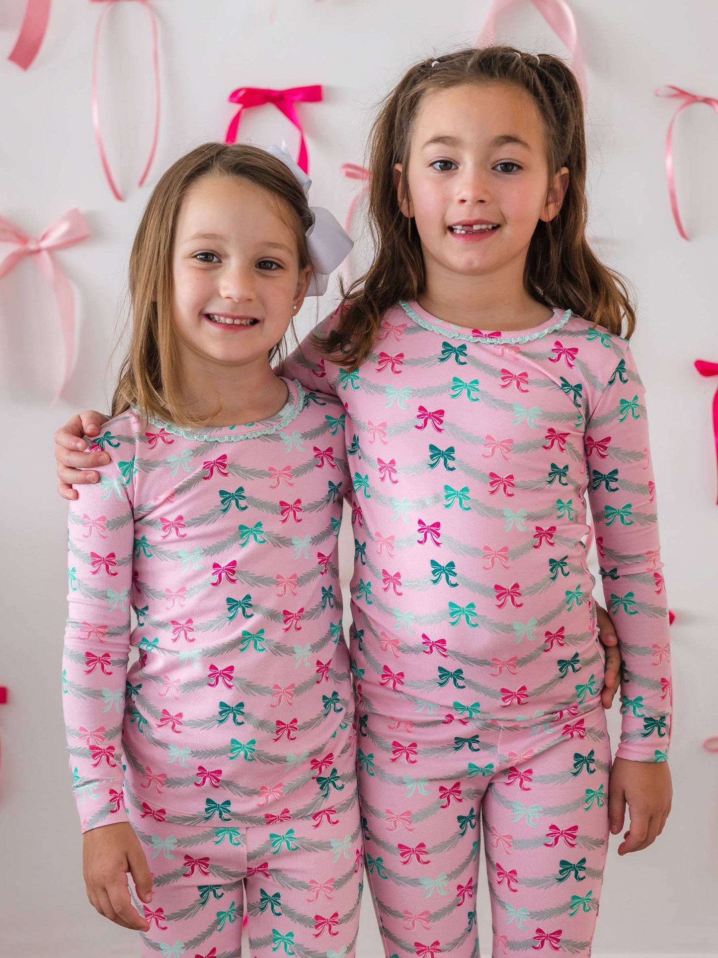 SoftSnooze™ Girls Cotton Modal Sparkle Pink Tinsel Tidings Ruffle Long Sleeve Pajama Set