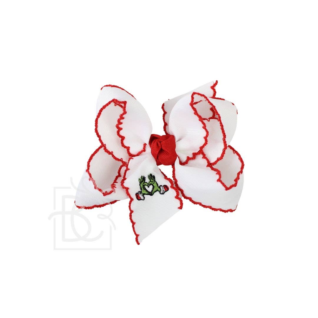 Embroidered Grinch Heart Crochet Edge Hair Bow