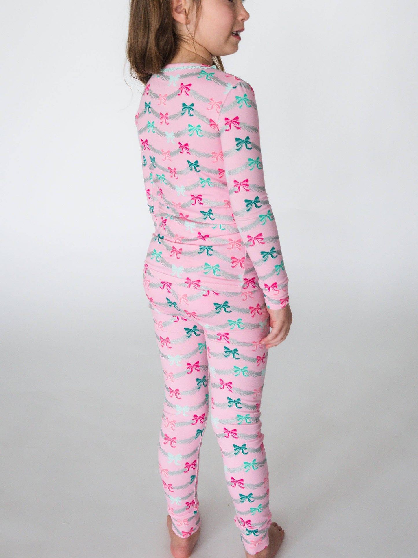 SoftSnooze™ Girls Cotton Modal Sparkle Pink Tinsel Tidings Ruffle Long Sleeve Pajama Set