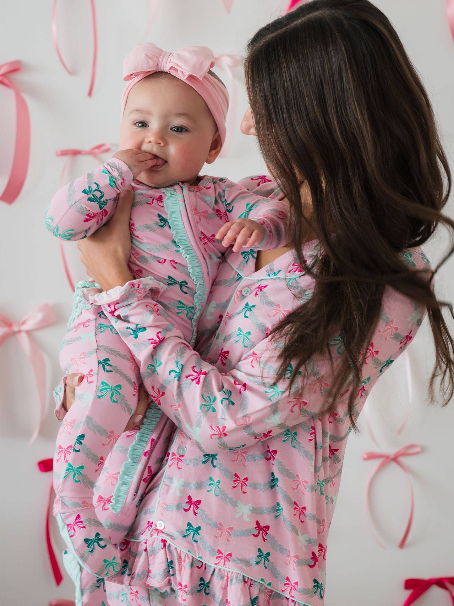 SoftSnooze™ Baby Girls Cotton Modal Sparkle Pink Tinsel Tidings Footed Ruffle One Piece Pajama