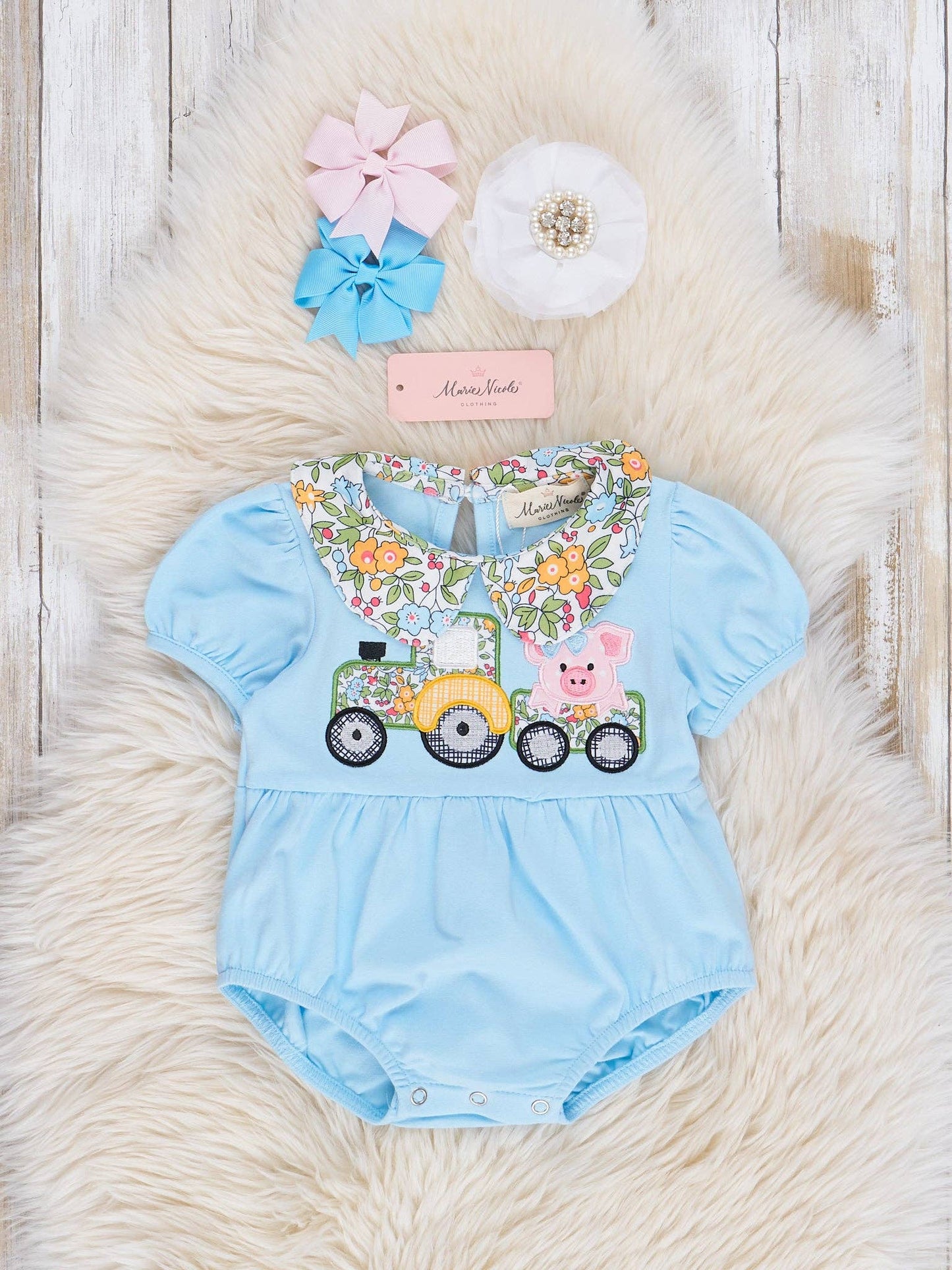 Light Blue Embroidered Piggy Tractor Bubble