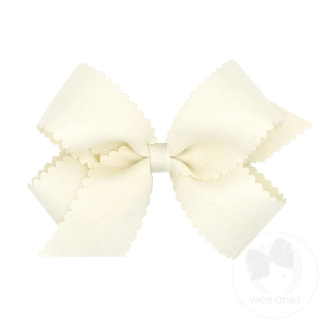 Grosgrain Hair Bow with Scalloped Edge - Antique White