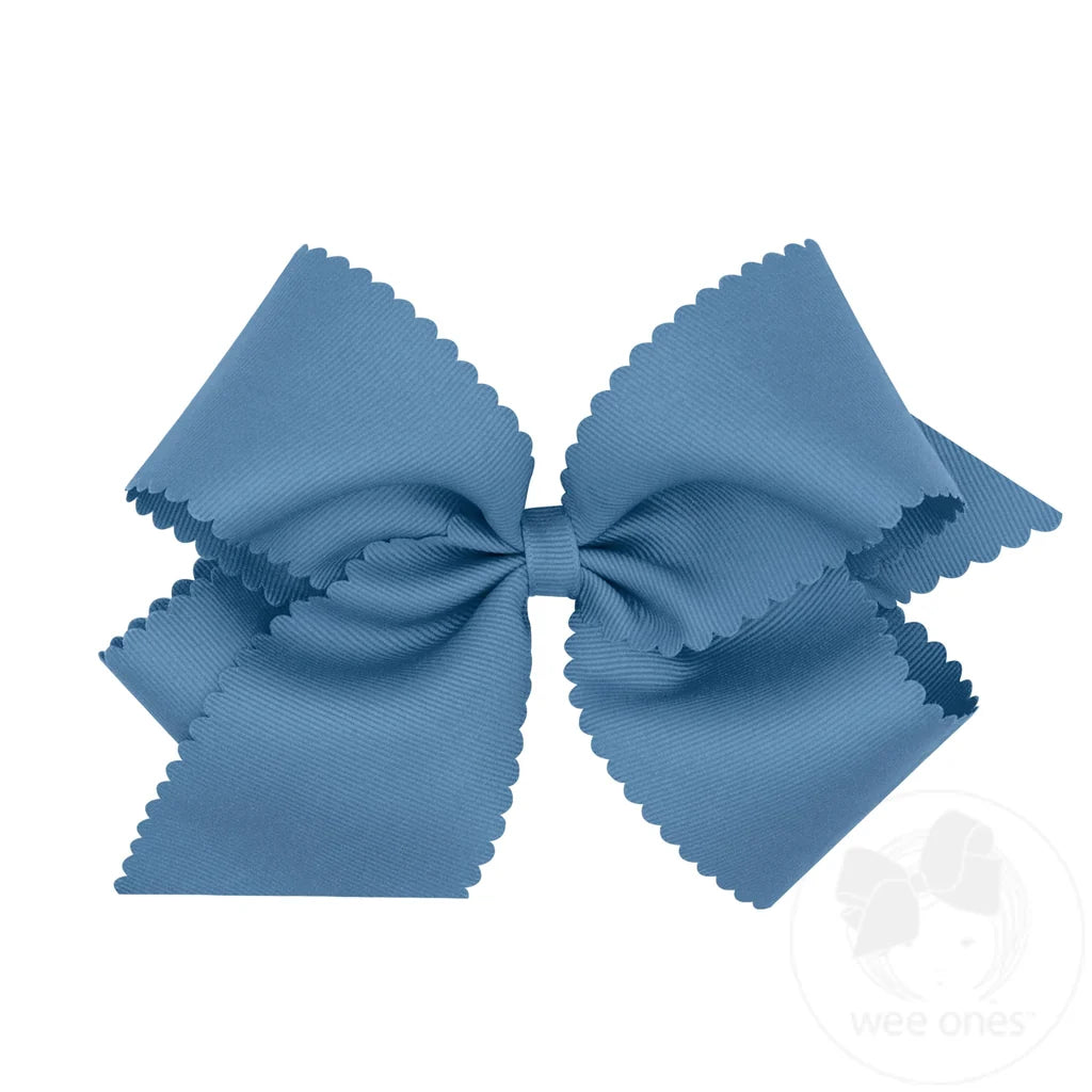 Grosgrain Hair Bow with Scalloped Edge - Smoke Blue