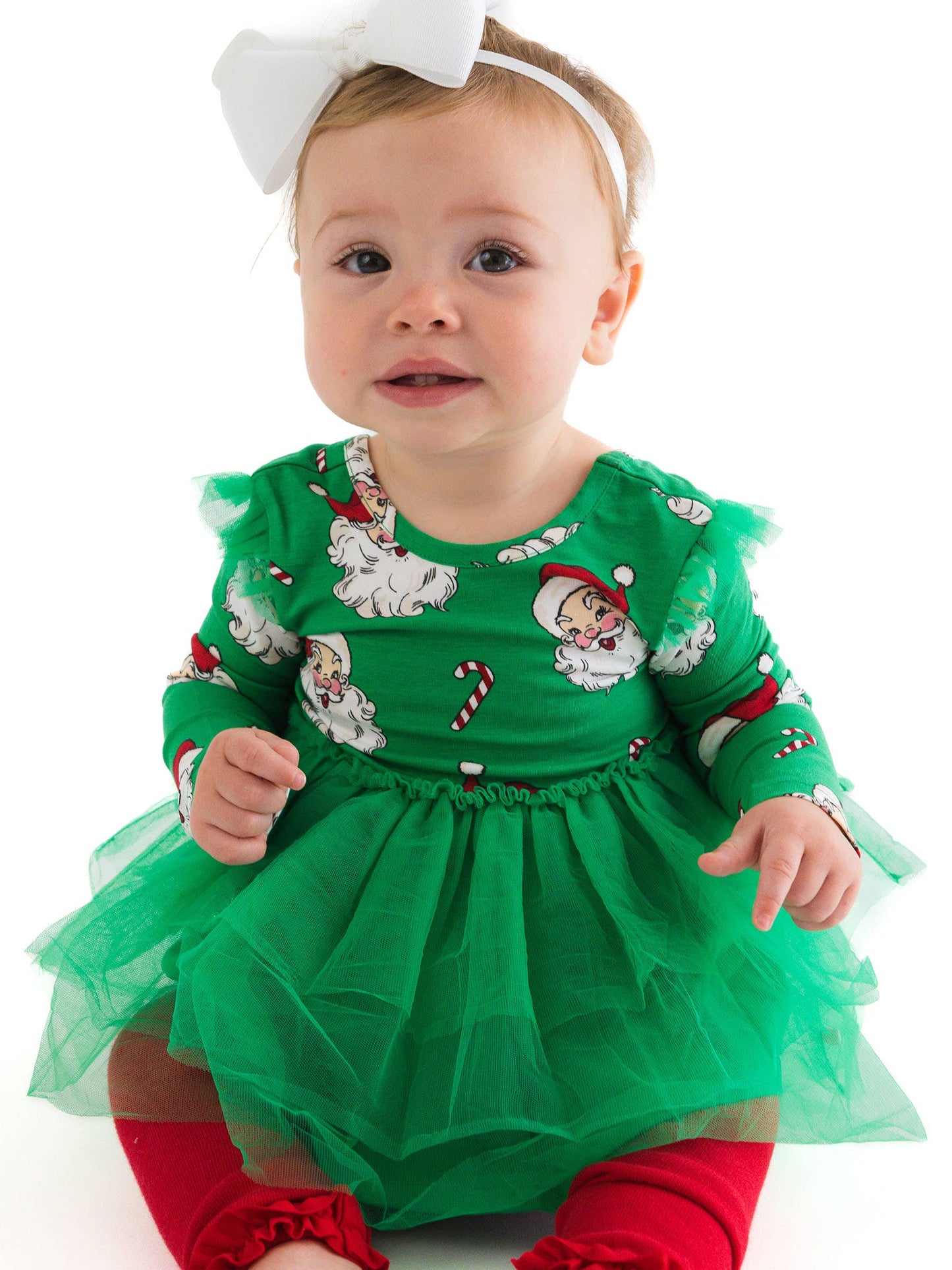 Baby Girls Green Santa Joy Flutter Tulle Long Sleeve Twirl Romper