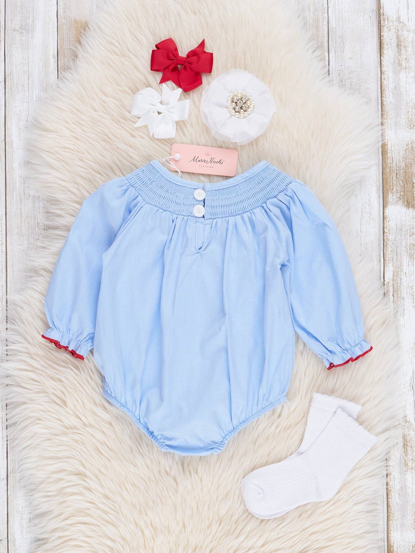 Blue Chambray Smocked Santas Ruffle Bubble