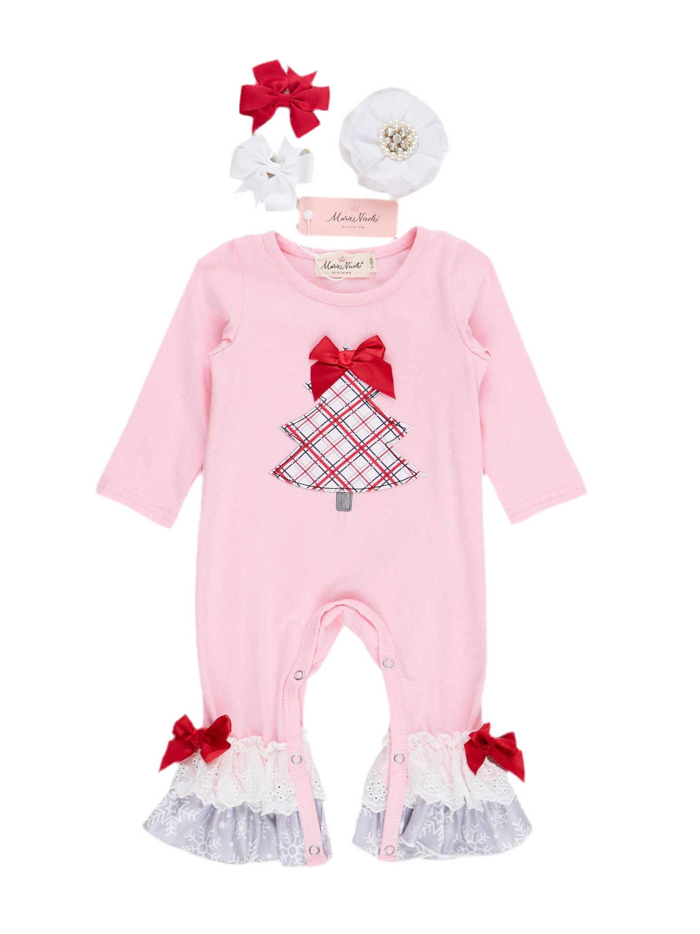 Pink Embroidered Plaid Christmas Tree Lace Trim Romper