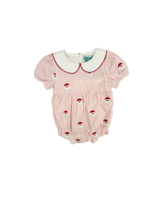 Hazel Blue All Over Embroidered Santa Corduroy Bubble with Picot Trim Peter Pan Collar