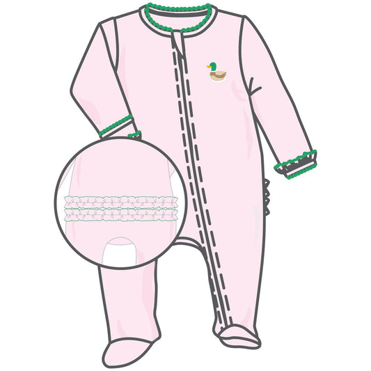 Mini Mallard Embroidered Ruffle Zip Footie - Pink