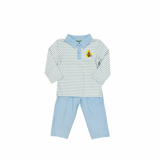 Blue Stripe Collared Turkey Applique Pant Set