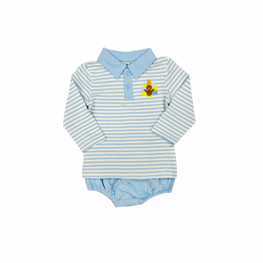 Blue Stripe Collared Turkey Applique Diaper Set