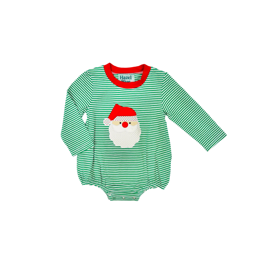 Green Stripe Boy Bubble with Santa Applique
