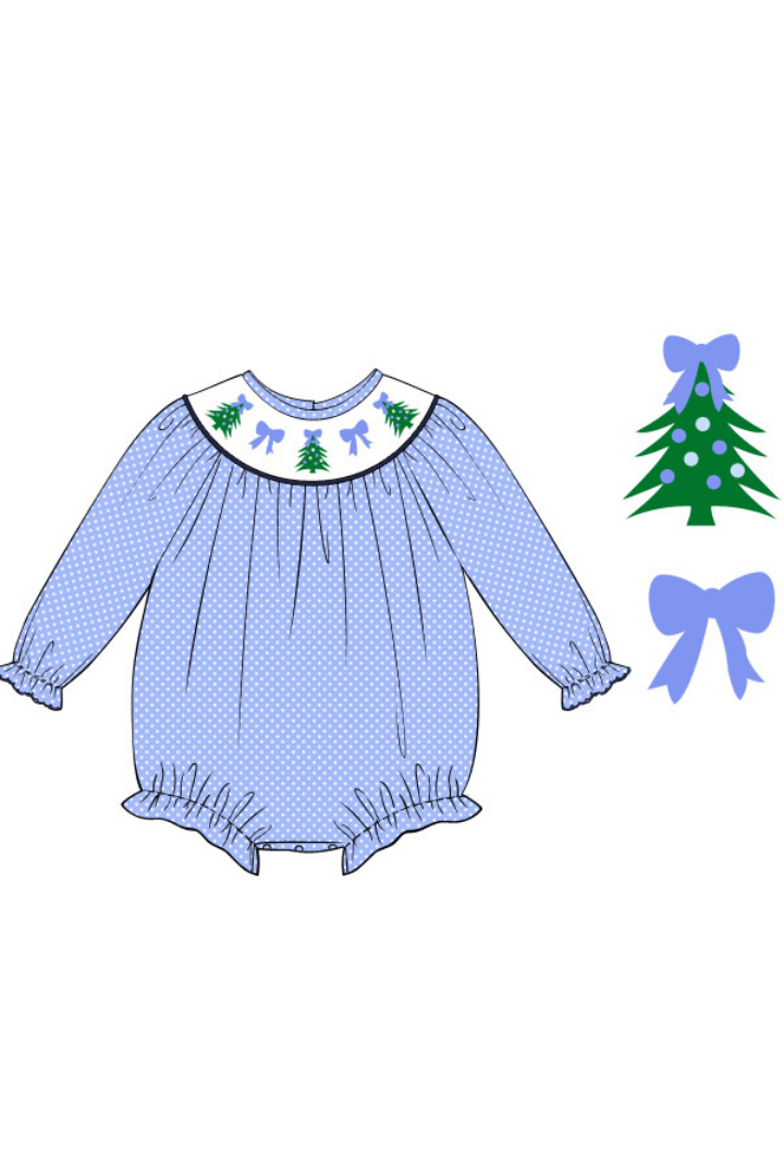 Smocked Christmas Tree Blue Polka Dot Bishop Bubble