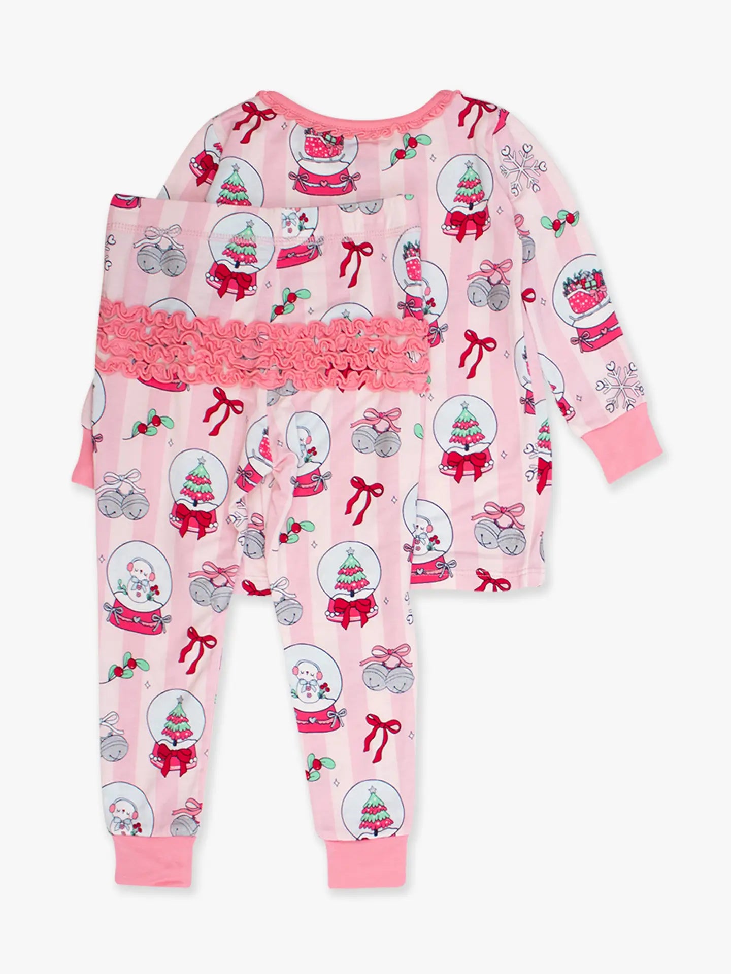 Softsnooze™ Toddler Girls Bamboo Viscose Sparkle Pinkmas Snow Globes Ruffle Long Sleeve Pajama Set with Signature Rear Ruffles