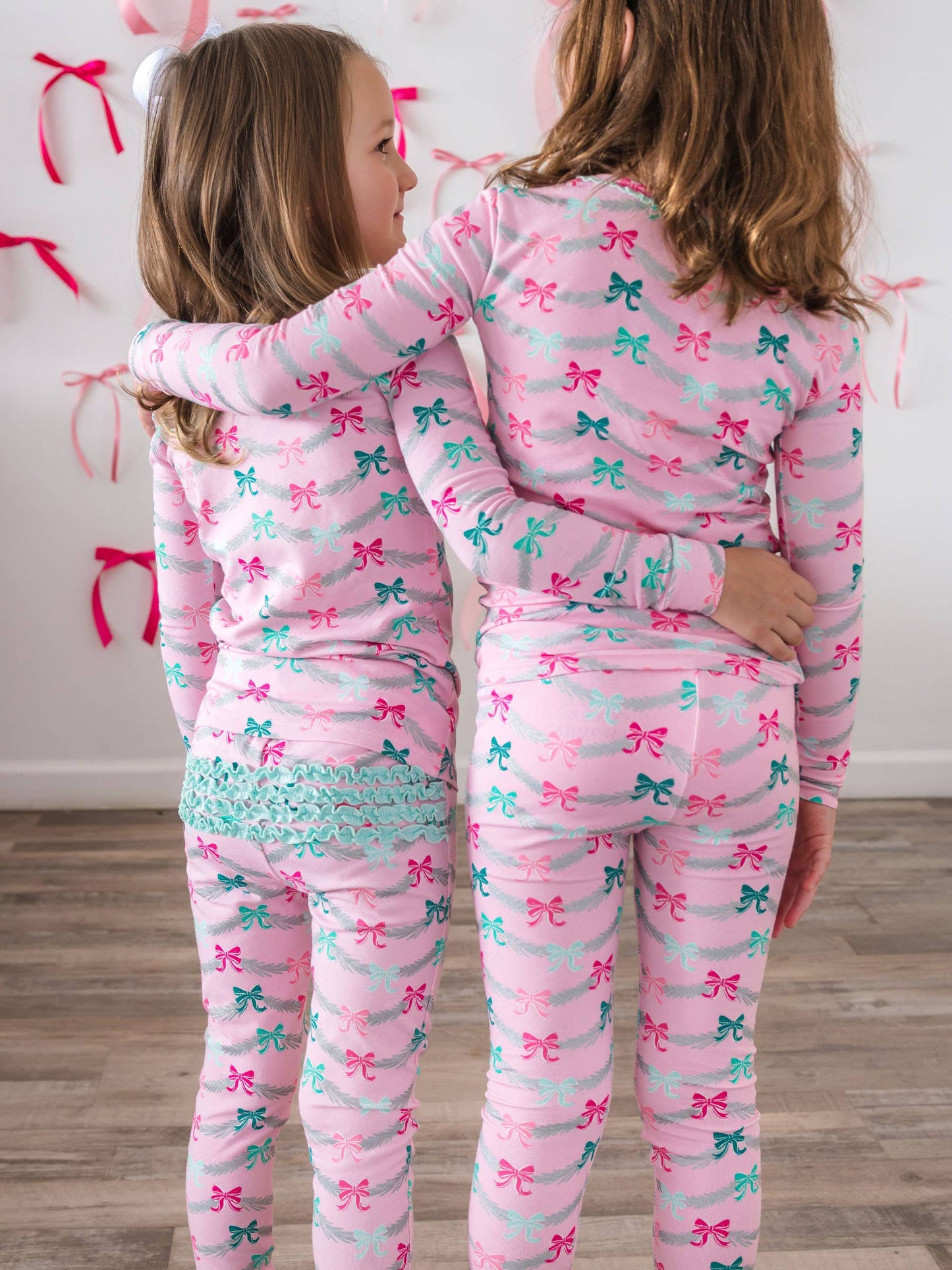 SoftSnooze™ Girls Cotton Modal Sparkle Pink Tinsel Tidings Ruffle Long Sleeve Pajama Set