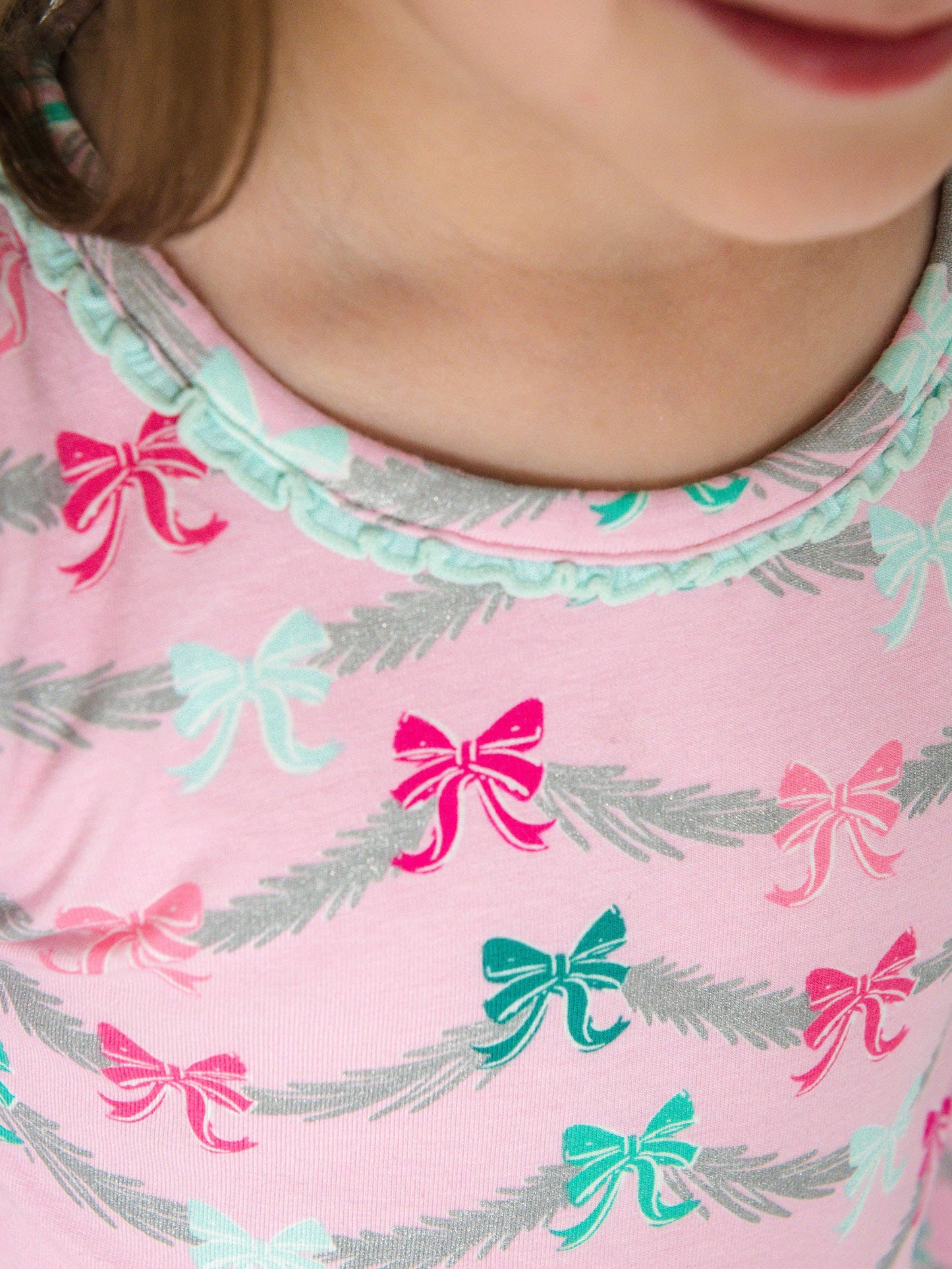 SoftSnooze™ Toddler Girls Cotton Modal Sparkle Pink Tinsel Tidings Ruffle Long Sleeve Pajama Set with Signature Rear Ruffles