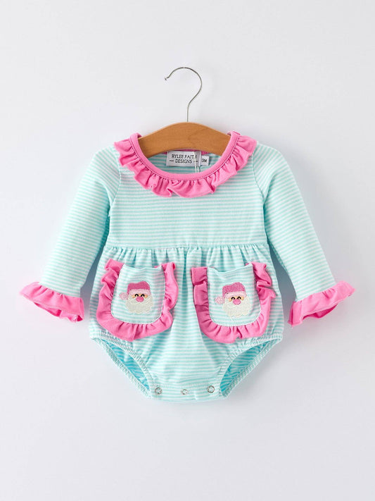 Holiday Fun Baby Girls Romper: Striped Dress with Santa Pockets